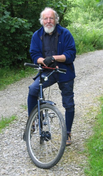 Dave Wrath-Sharman at home in Wales, on one of his own bikes
