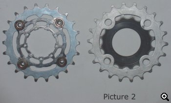 Granny ring and cog after splicing, with and without chainring bolts