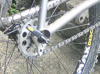 Transmission of Tomas's Moots showing the drilled sprocket bolted to the hub
